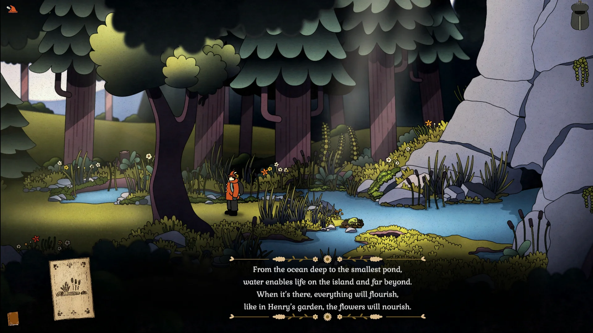 Henry stands by the water. The subtitles read: 