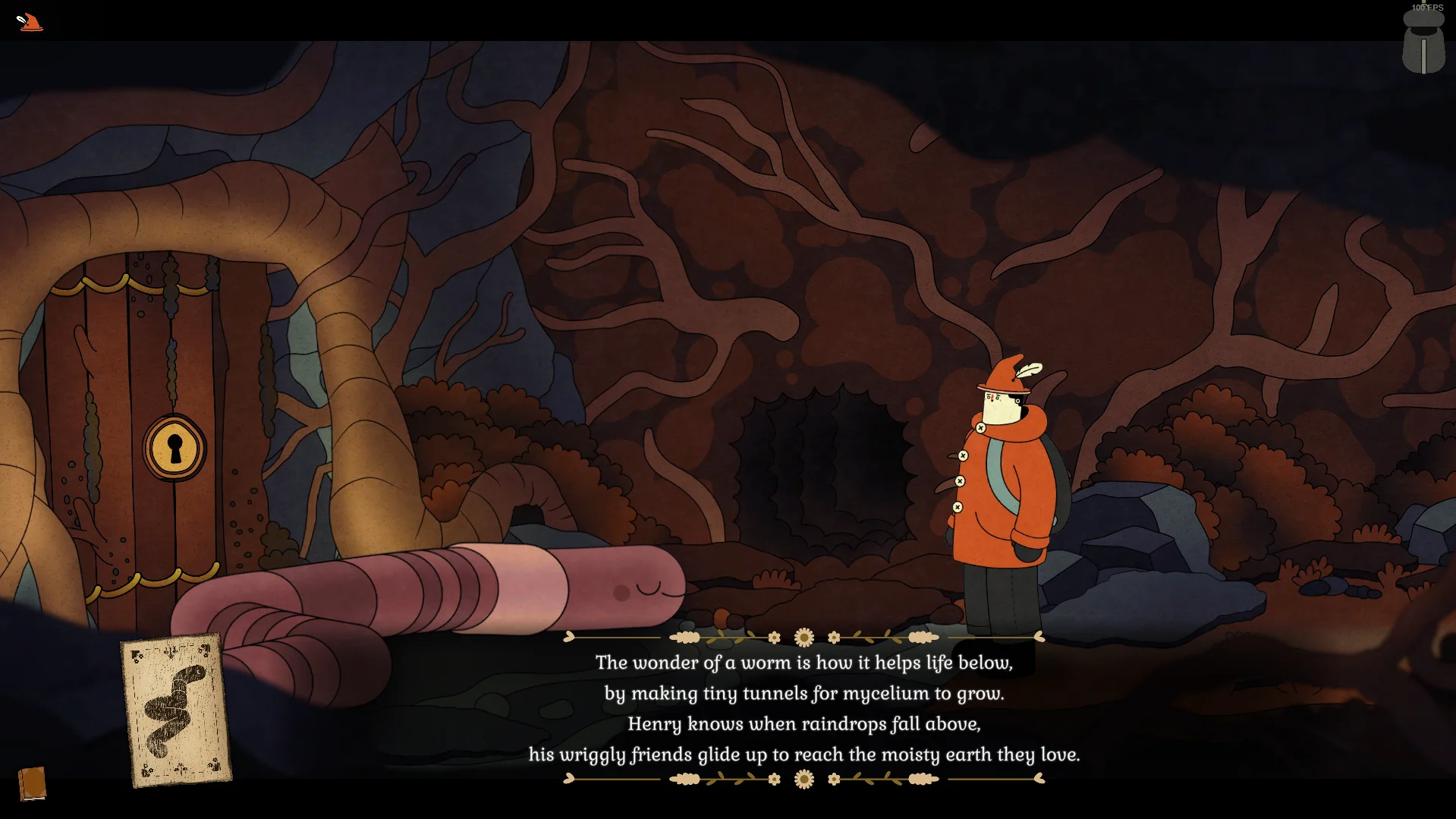 The playable character encounters a worm sleeping in front of a door, blocking the way. The subtitle says: 